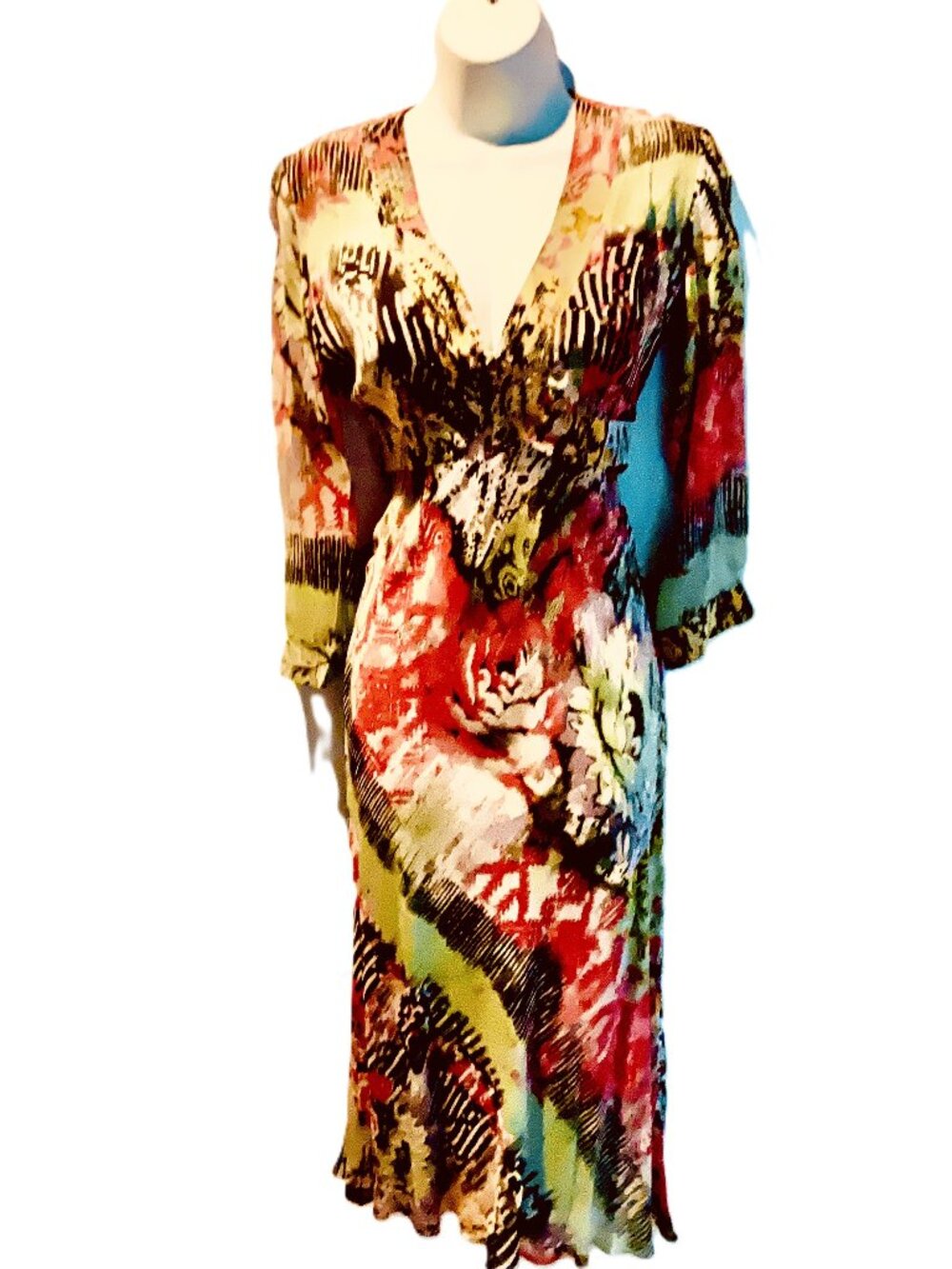Silk Floral Abstract Dress Lined Deep V Neck Multicolor Size 4
